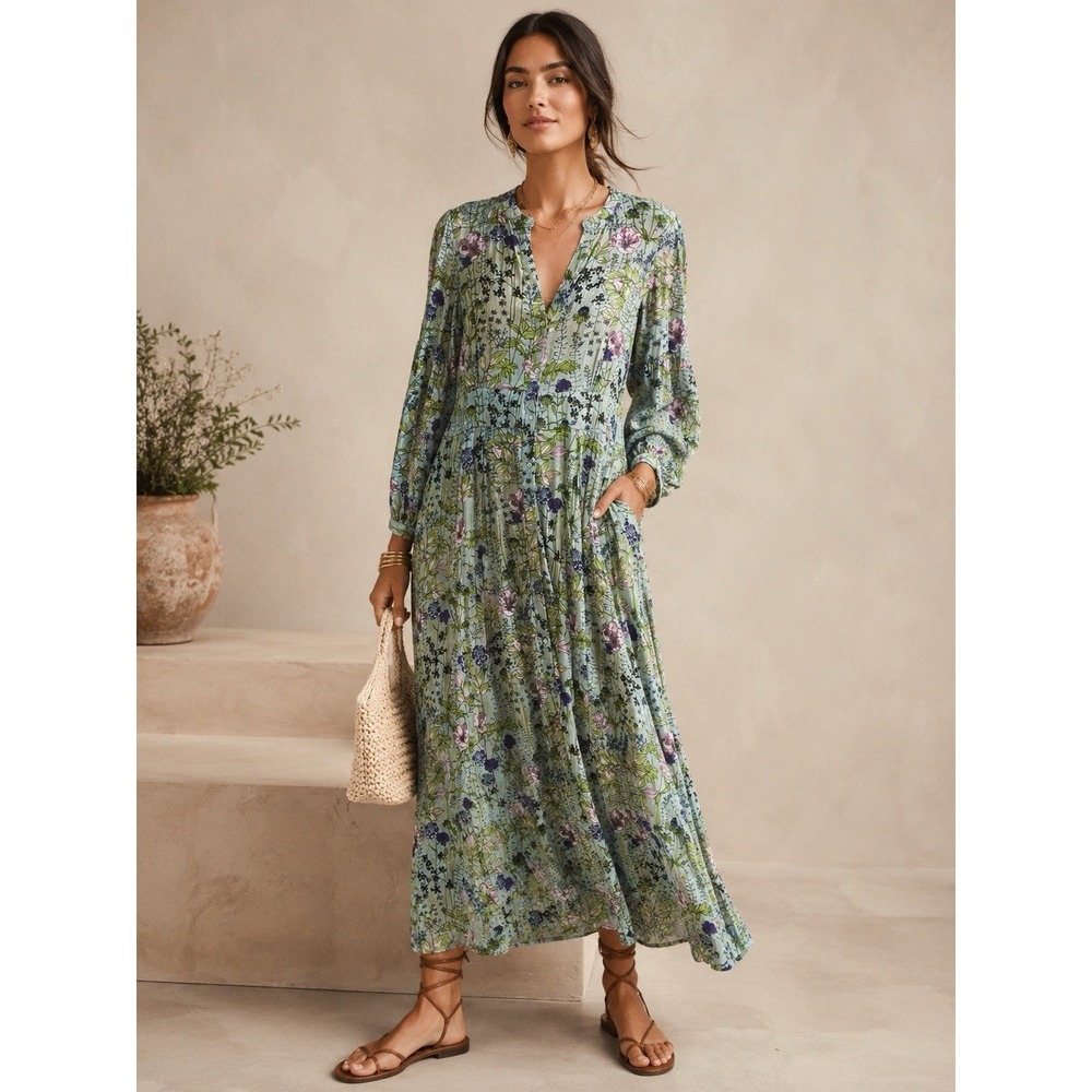 Novica Women Dress Floral Boho Peasant L 100 Cotton Geeeb Floral Long Maxi India